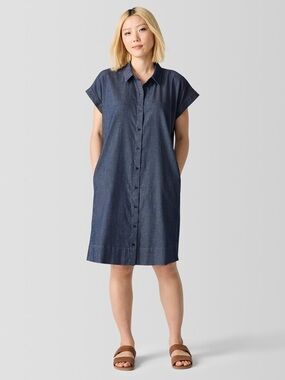 Eileen Fisher Airy Organic Cotton Twill Shirtdress - Denim - XS